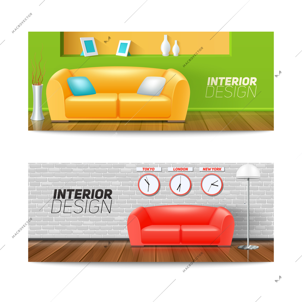 Interior design horizontal banners set with sofa clock and vase realistic isolated vector illustration