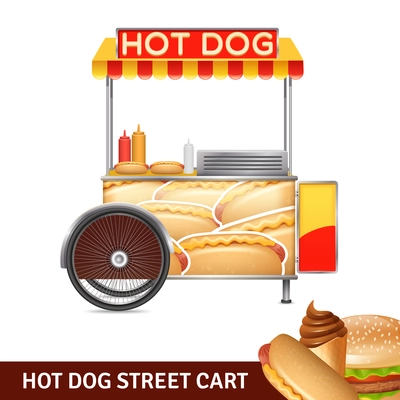 Hot dog street cart with ketchup mayonnaise and mustard realistic vector illustration