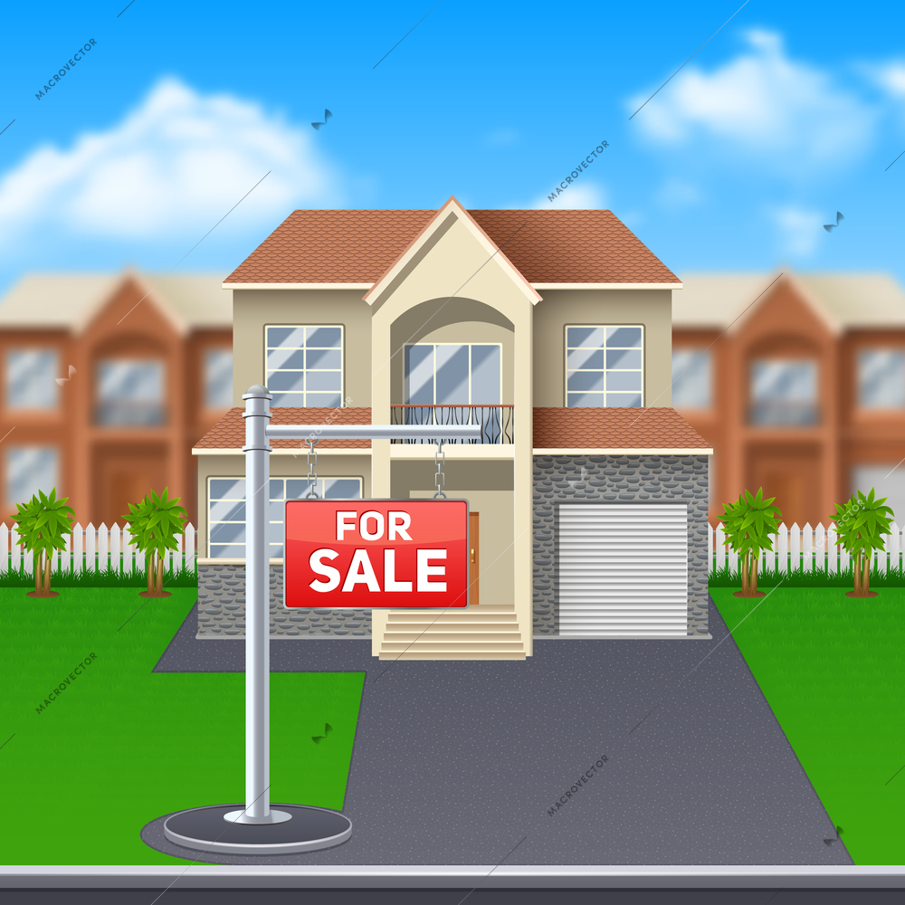 House for sale with lawn and garage and big windows cartoon vector illustration