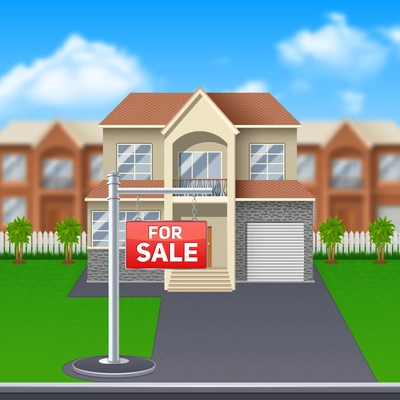 House for sale with lawn and garage and big windows cartoon vector illustration