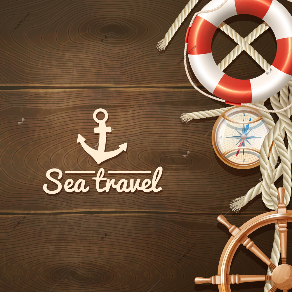 Sea travel and sailing realistic background with life buoy compass and helm vector illustration