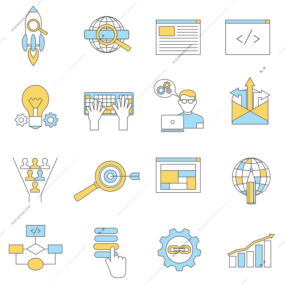 Web site design development icons line set isolated vector illustration