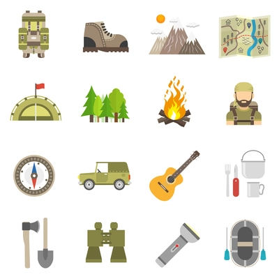Tourism and summer hiking icons flat set isolated vector illustration