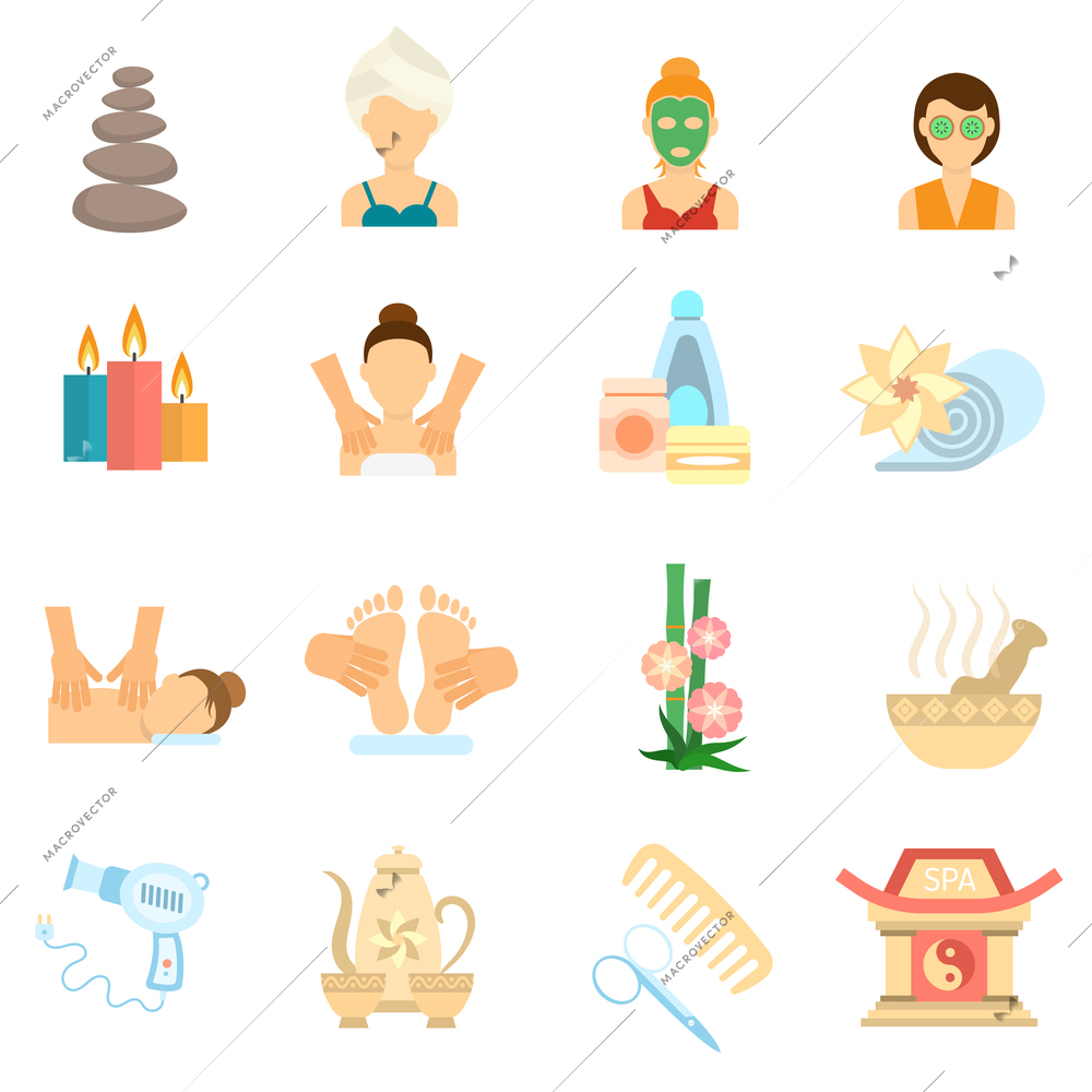 Spa and body care icons flat set isolated vector illustration