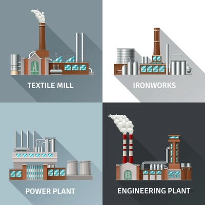 Factory building design realistic icons set with textile mill ironworks engineering and power plant shadow isolated vector illustration