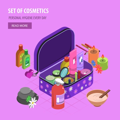 Bodycare bag isometric with fashion and cosmetic accessory set vector illustration