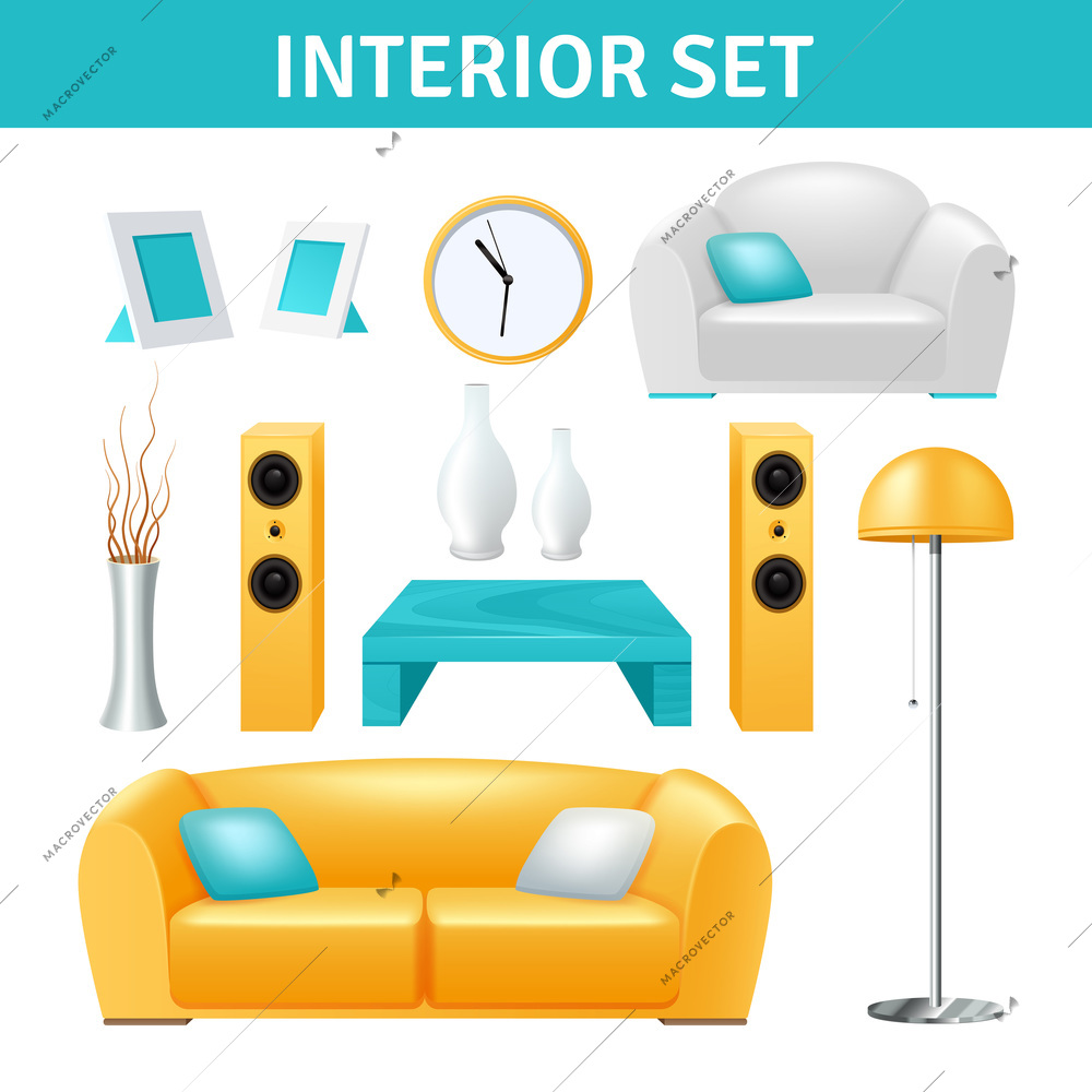 Modern interior realistic design set with sofa stereo system vase and table isolated vector illustration