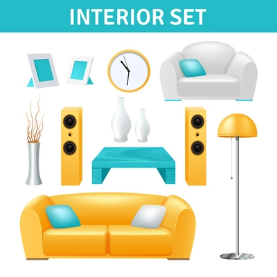 Modern interior realistic design set with sofa stereo system vase and table isolated vector illustration