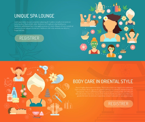 Spa banner horizontal set with oriental style body care elements flat isolated vector illustration