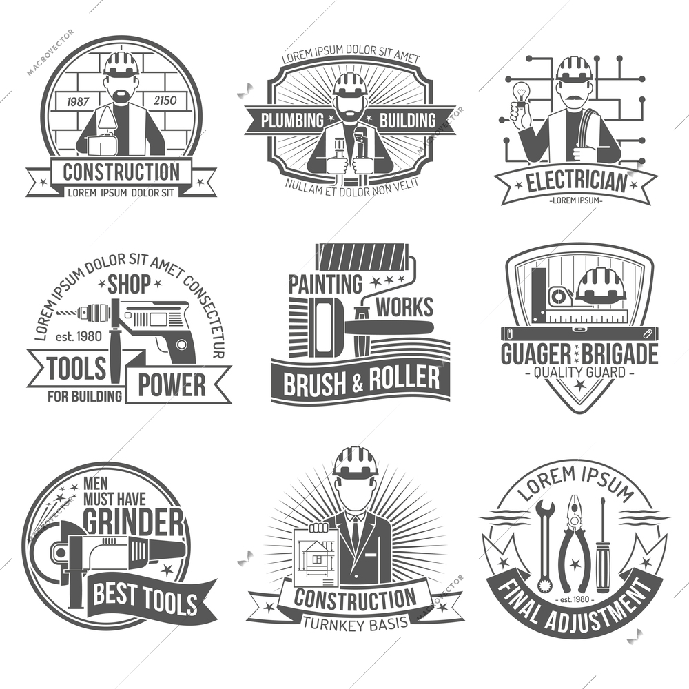 Construction industry and work industry premium quality label set isolated vector illustration