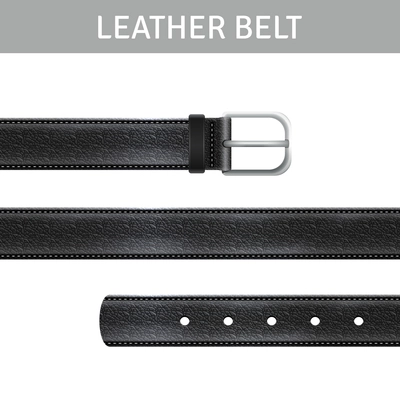 Black leather belt with buckle and title realistic set isolated vector illustration