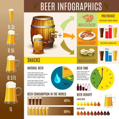 Traditional beer brewery production consumption preferences and distribution diagrams statistic infographic presentation layout flat abstract vector illustration