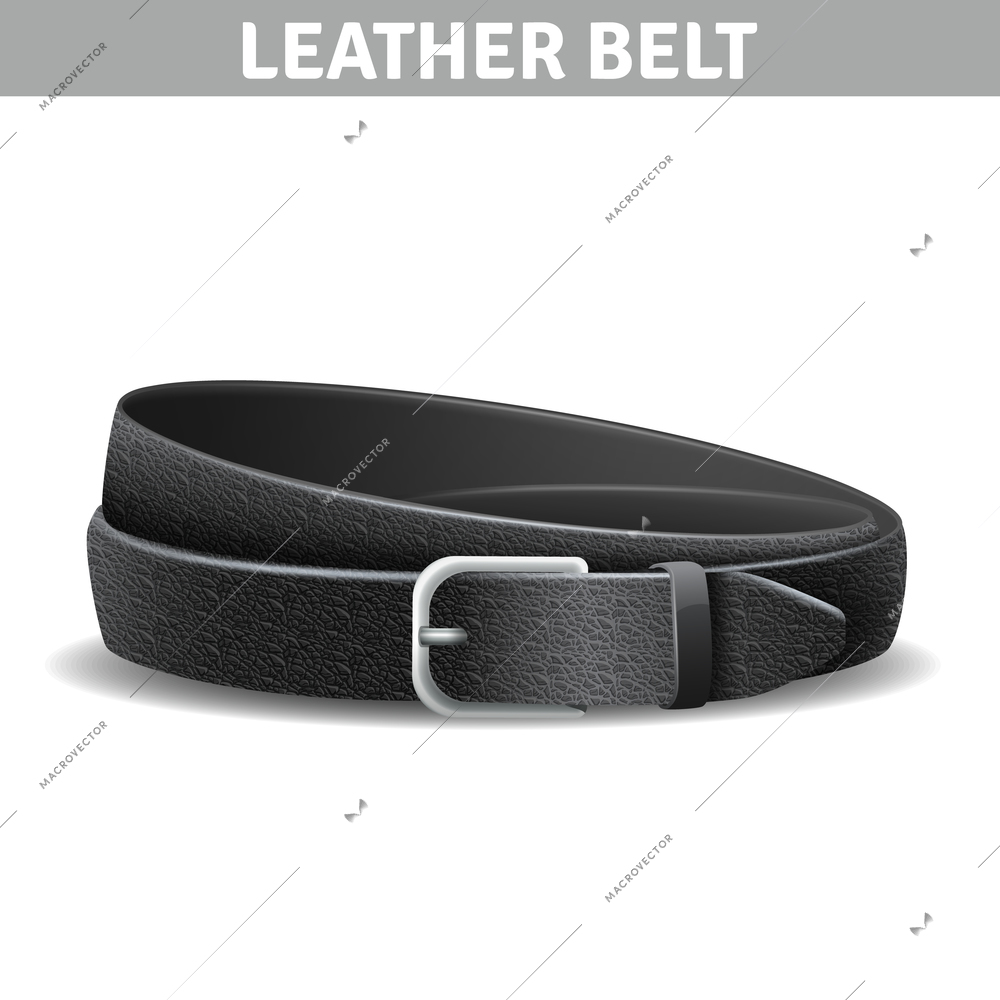 Black realistic curled leather belt with metal buckle isolated vector illustration