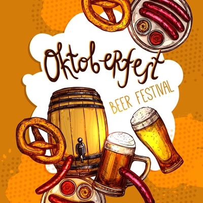 Oktoberfest festival promo poster with sketch beer barrel and glasses vector illustration