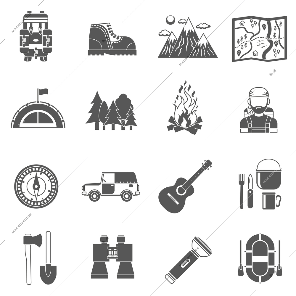 Tourism icons black set with active leisure equipment isolated vector illustration