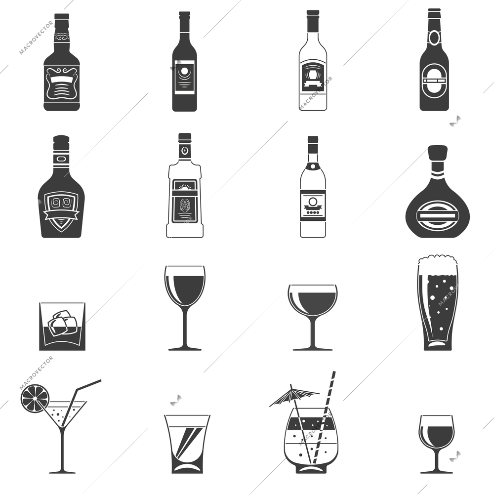 Alcohol black icons set with drink bottles and glass shots isolated vector illustration