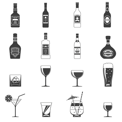 Alcohol black icons set with drink bottles and glass shots isolated vector illustration