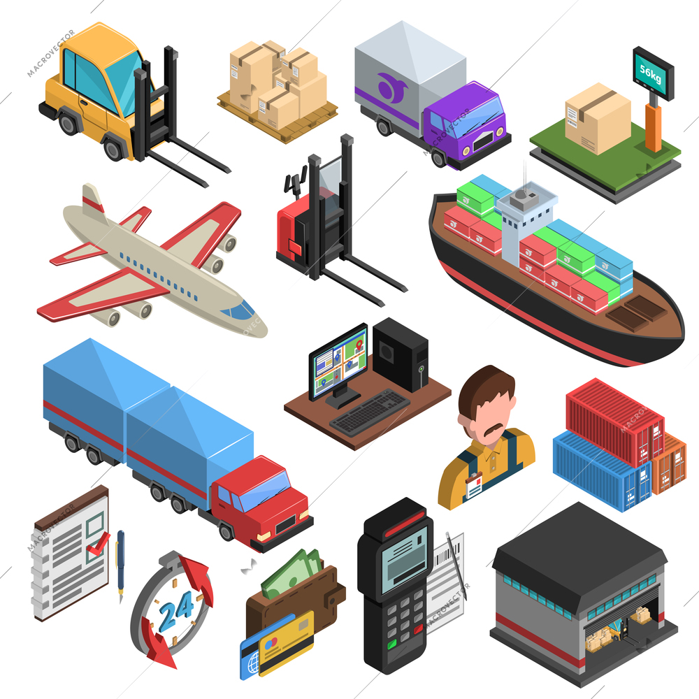 Delivery types and logistic chain isometric icons with loader truck ship aircraft container warehouse weighing machine isolated vector illustration