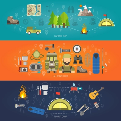 Tourism horizontal banner set with tourist camp elements isolated vector illustration