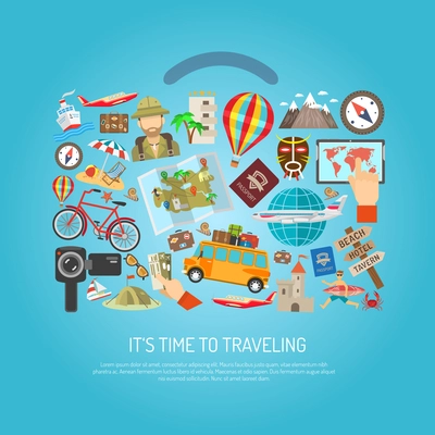 Time to traveling text attribution symbols and character flat color concept vector illustration