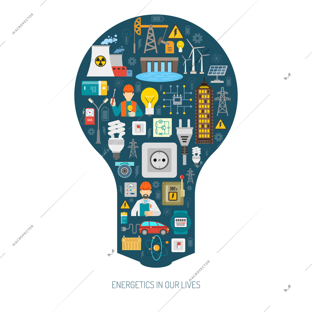 Worldwide sustainable energy production transmission and consumption network concept bulb shape pictograms composition poster abstract vector illustration