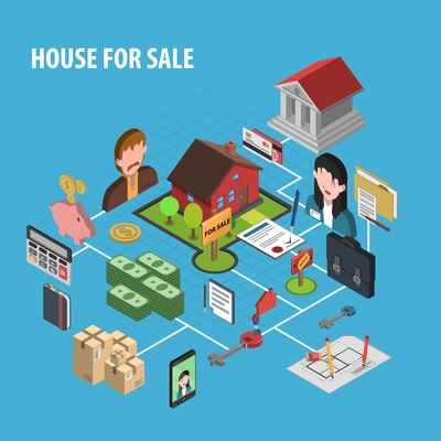 Real estate sale concept with isometric realtors figures vector illustration