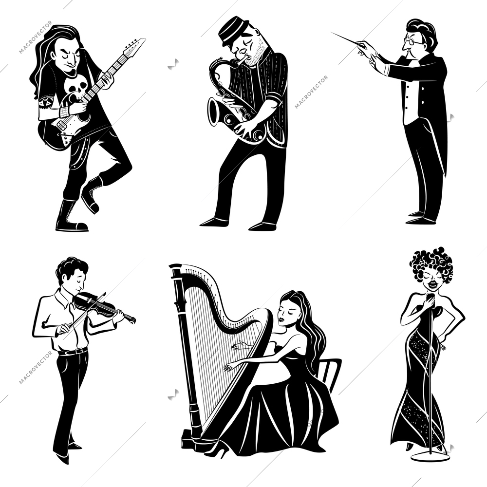 Musicians playing harp violin guitar saxophone and symphony orchestra conductor black icons set abstract isolated vector illustration