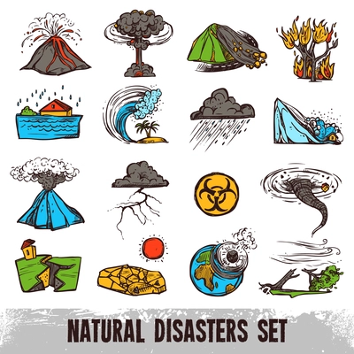 Natural disasters color sketch set with hurricane tornado and tsunami isolated vector illustration