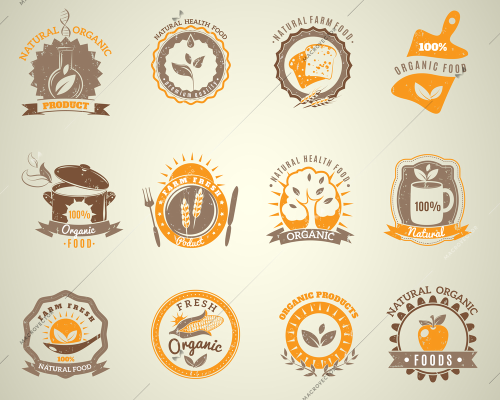 Traditionally ecologically grown and environmentally friendly produced organic food vintage labels collection set abstract isolated vector illustration