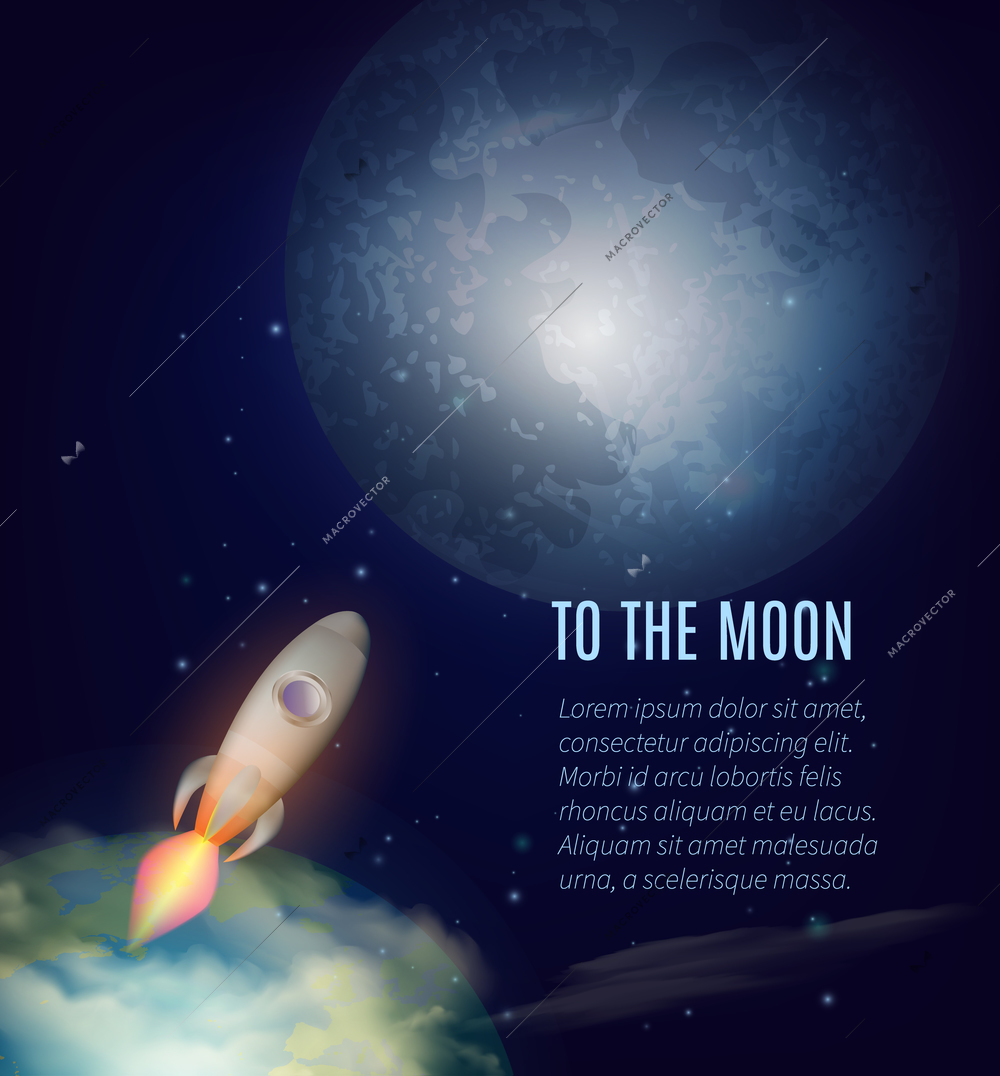 Moon exploration poster with Earth spaceship and outer space cartoon vector illustration