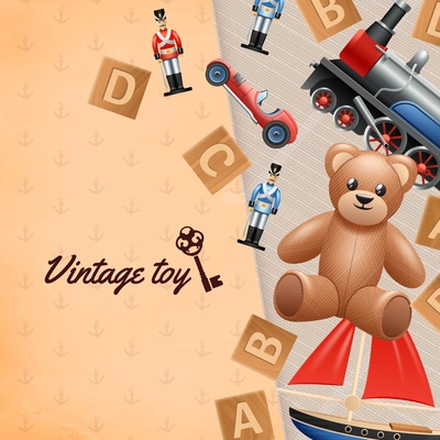 Vintage toys realistic background with toy soldier car and teddy bear vector illustration