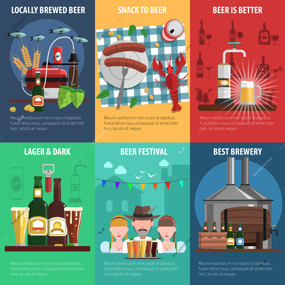 Beer festival mini poster set with food and drink symbols isolated vector illustration