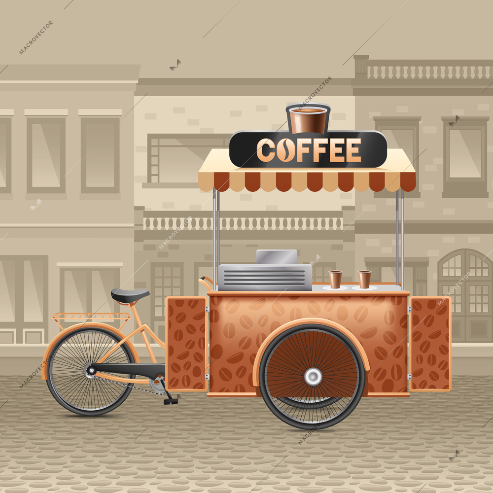 Coffee street cart with houses tent and road in town realistic vector illustration