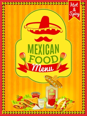 Mexican national cuisine and traditional cafe restaurant or bar menu flat bright color poster vector illustration