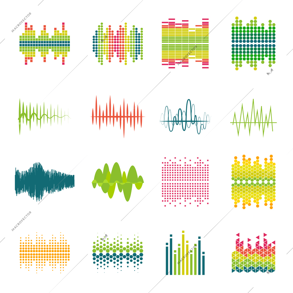 Audio equalizer sound wave profile flat icons set in various shapes and colors abstract isolated vector illustration