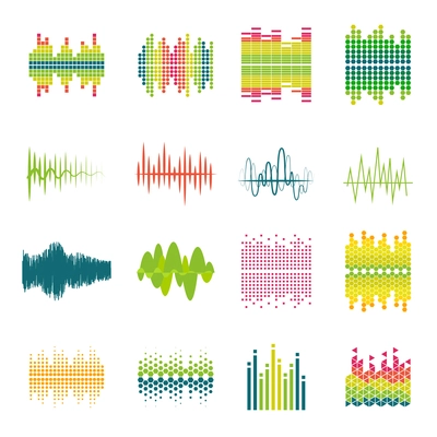 Audio equalizer sound wave profile flat icons set in various shapes and colors abstract isolated vector illustration