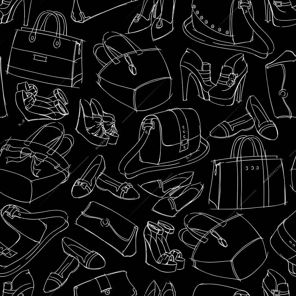 Seamless woman's fashion accessory bags and shoes sketch pattern background vector illustration. Editable EPS and Render in JPG format