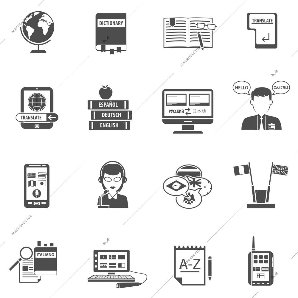 Multilanguage translation systems and interpreter with dictionary flat style black and white icons set isolated vector illustration