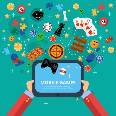 Mobile gambling games of fortune poster with long hands holding electronic device flat abstract isolated vector illustration