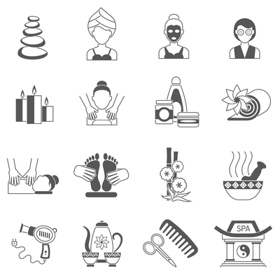 Spa icons black set with body and facial skin treatment isolated vector illustration