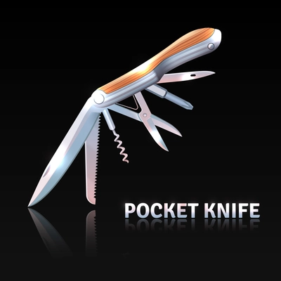 Pocket knife on black background with knife scissors and corkscrew realistic vector illustration