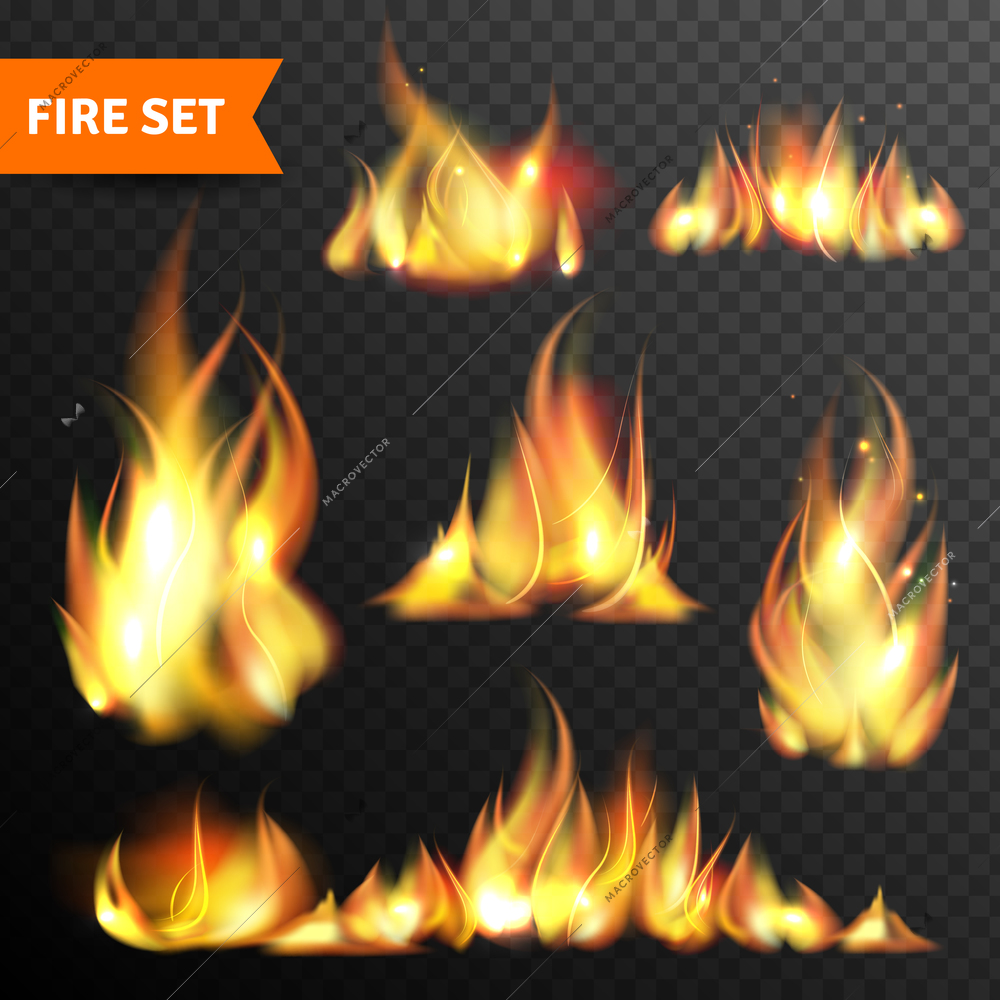 Bonfire flames in different sizes and shapes pictograms collection against black night background abstract isolated vector illustration