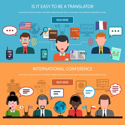 Translation horizontal banners with real time interpretation and multinational conference isolated vector illustration