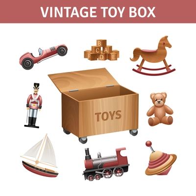 Vintage toy box set with rocking-horse train and ship realistic isolated vector illustration