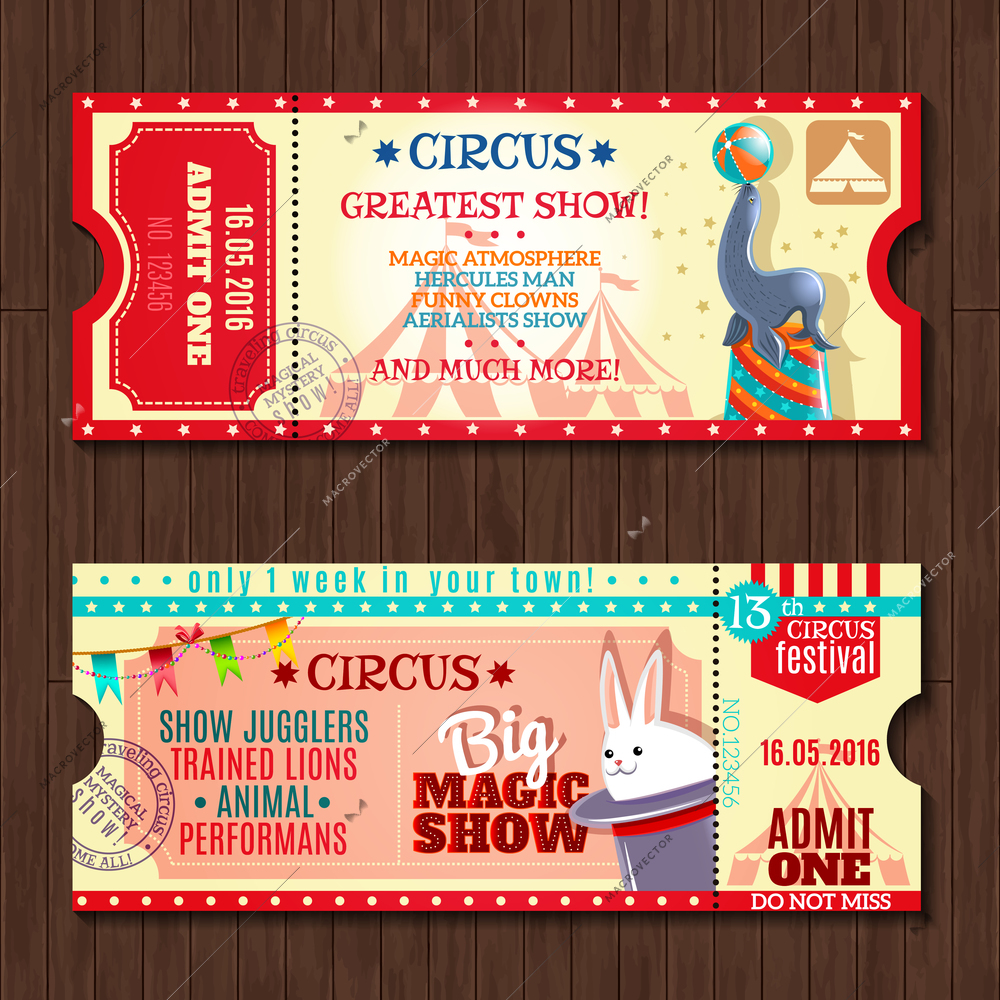 Circus big magic show with trained animals two vintage entrance tickets templates set abstract isolated vector illustration