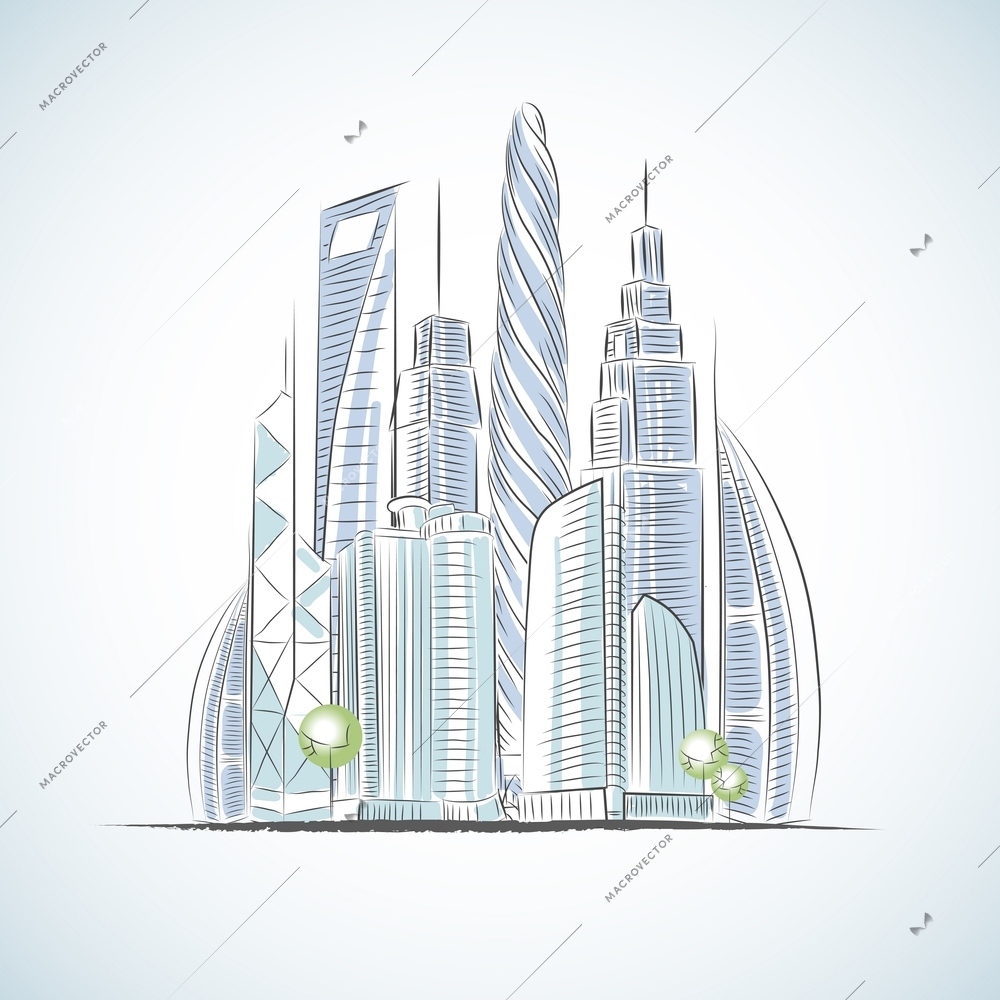 Eco green buildings icons of skyscrapers isolated sketch vector illustration