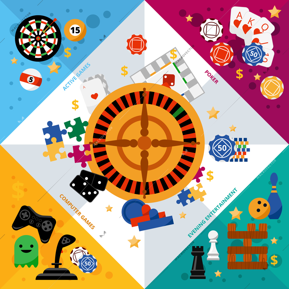 Popular gambling games symbols geometric corner colorful composition banner with roulette central square abstract vector illustration