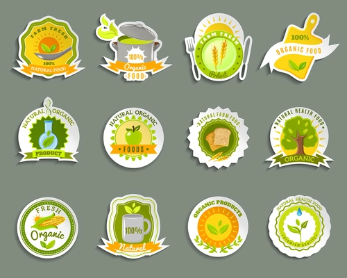 Healthy food from ecological organic naturally grown high quality fresh products stickers set abstract isolated vector illustration