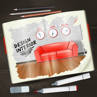 Modern interior design sketchbook with pencils highlighters and rubber realistic vector illustration