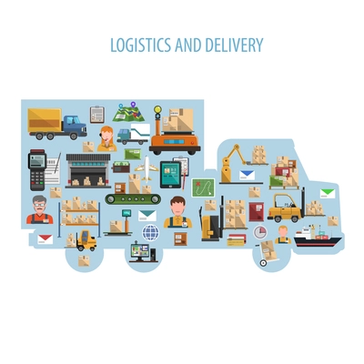 Warehouse concept with logistics and delivery flat icons in a truck shape vector illustration